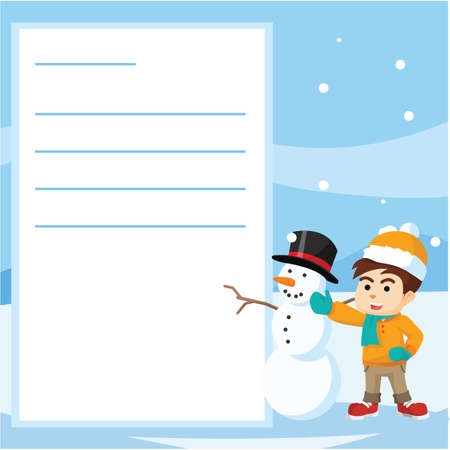 boy and snowman winter postcardのイラスト素材
