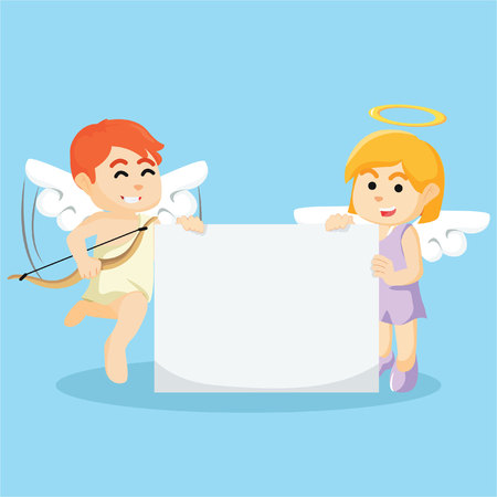 Cupid boy and Girl angel holding bannerのイラスト素材
