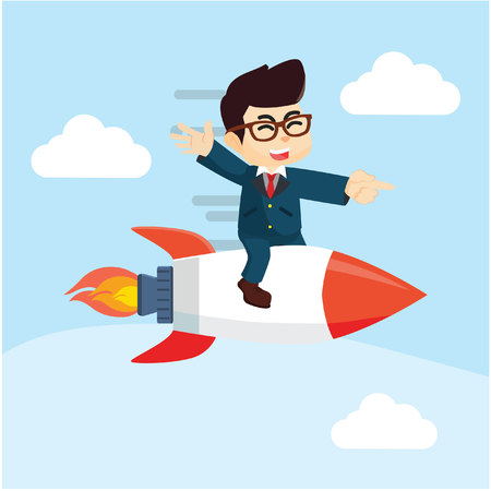 businessman sitting on top of a rocket flying in the airのイラスト素材