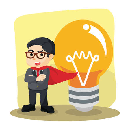 Hero businessman standing next to the big bulbのイラスト素材