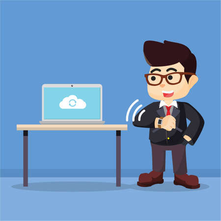 synching his smartwatch to laptopのイラスト素材