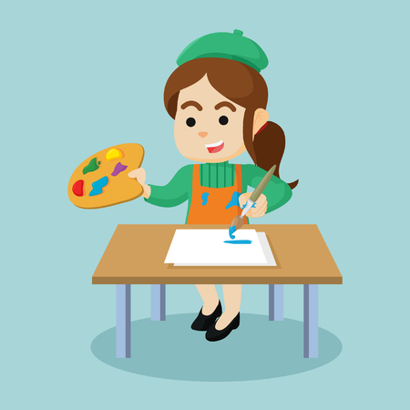 painter woman painting in small canvasのイラスト素材