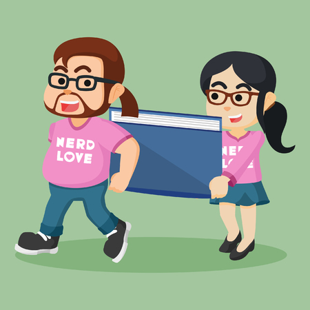 man and woman work together carrying giant bookのイラスト素材