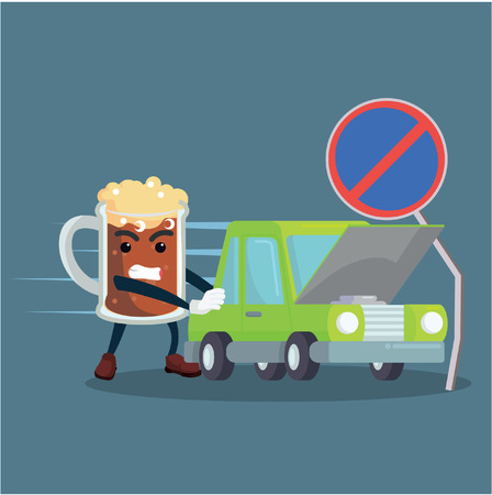 beer man pushing a car crashes into signのイラスト素材