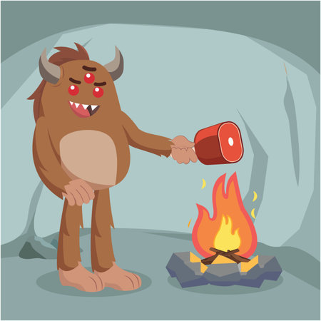 bigfoot cooking meat on fire vector illustration designのイラスト素材