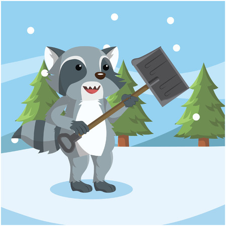 raccoon shoveling snowdrift vector illustration designのイラスト素材