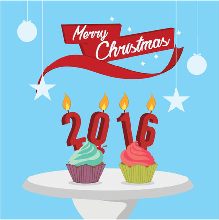 cupcakes with candle and merry christmas illustrationのイラスト素材