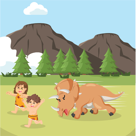 cave man and cave woman chased by triceratopsのイラスト素材