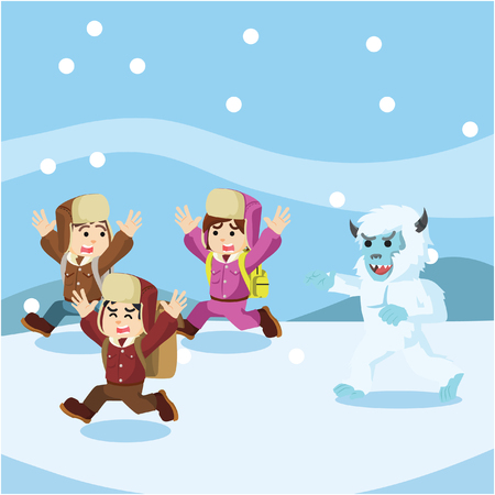 group of arctic exploler chased by yetiのイラスト素材