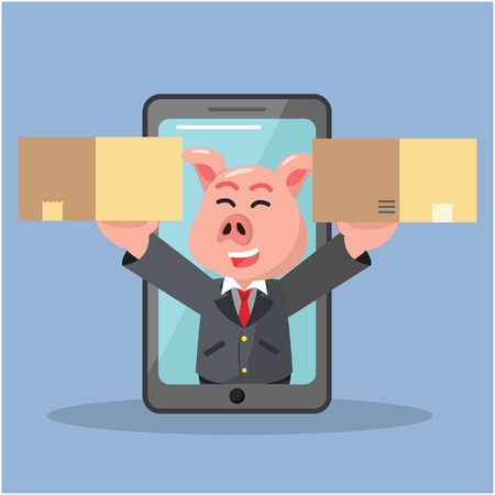 business pig get out from phone with two boxesのイラスト素材