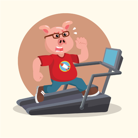 fat nerd pig running on treadmillのイラスト素材