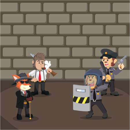 group of animal mafia fighting with group of animal policeのイラスト素材