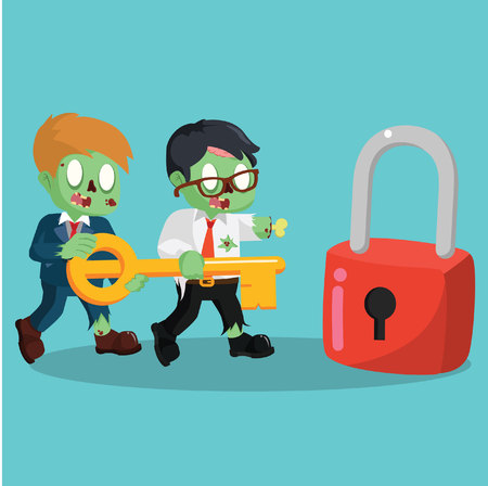 zombie businessman together holding giant keyのイラスト素材