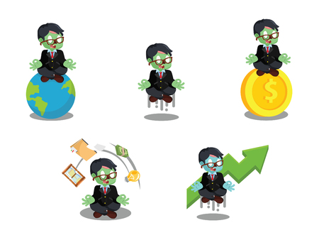 zombie businessman meditating cartoon setのイラスト素材