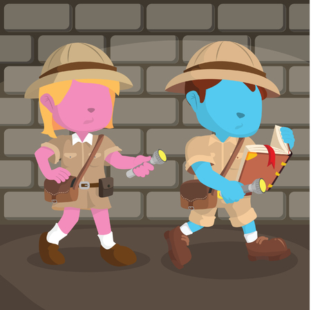 Blue boy and pink girl explorer following pathのイラスト素材