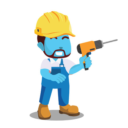 Blue handyman holding drill.のイラスト素材