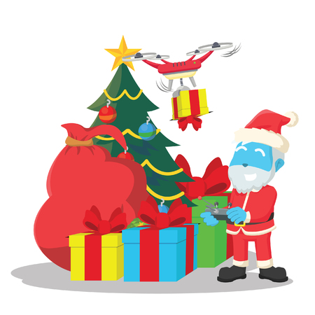 Blue santa using drone to carry christmas presentsâ stock illustrationのイラスト素材