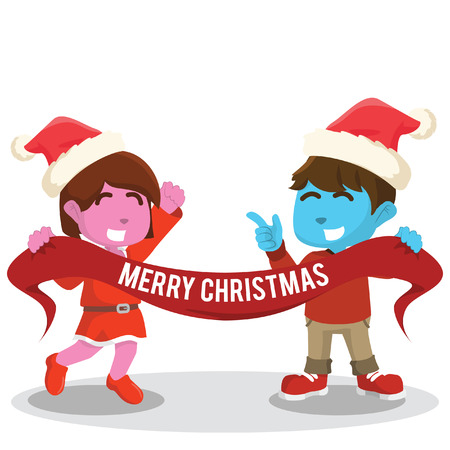 Blue boy and pink girl holding christmas bannerâ stock illustrationのイラスト素材