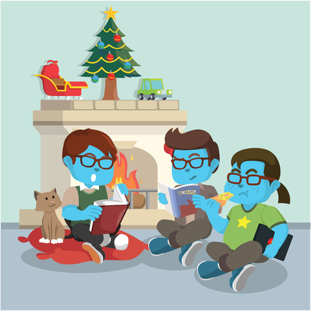 Blue nerds discussing about comicâ stock illustrationのイラスト素材