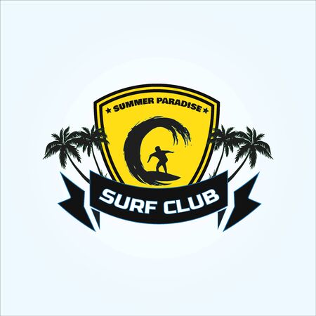 Vintage logo design club surfer. Surf summer paradise innovation logo design. Retro surf logo badge designのイラスト素材