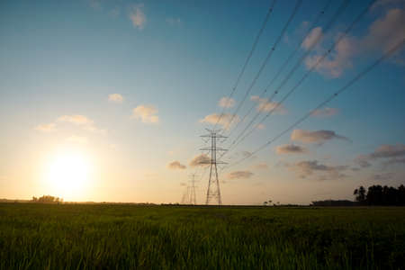 twilight sky in the afternoon in a meadow or rice field in the background there is an electric tower...