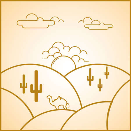 Desert Line Art Logo Badge adventure logo design modern minimalist line art simple vintage hipster desert line art badge vector drawing desert desert tree cactus animal camel explorationのイラスト素材