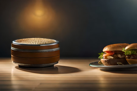 Two hamburgers on a wooden table in the rays of light.の素材