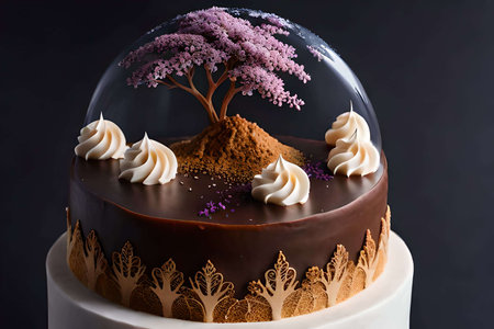 Chocolate cake with white cream and pink cherry blossoms on black backgroundの素材