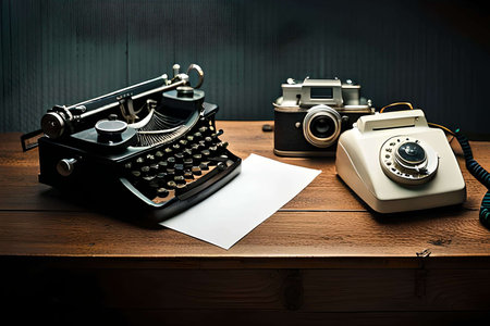 Retro typewriter and old camera on wooden table with blank paperの素材