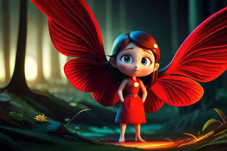 3d illustration of a little girl with wings in the forest.の素材