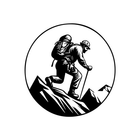 Vector silhouette design of an adventurer climbing a rocky mountain. This design is suitable for making paintings or tattoos, or as a symbol for a businessのイラスト素材