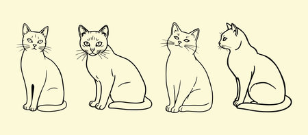 Four line drawings depict different sitting positions of cats, each with unique facial expressions. The simplicity emphasizes their postures and character.のイラスト素材