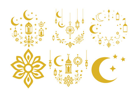 Collection of golden Islamic design elements, including crescent moons, stars, lanterns, and floral patterns, perfect for Ramadan, Eid, or other Islamic celebrations.のイラスト素材