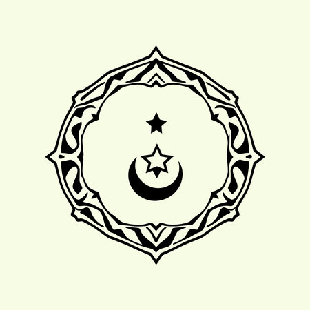 A black and white illustration of an ornate circular emblem featuring a crescent moon and two stars. The emblem is surrounded by a decorative border.のイラスト素材