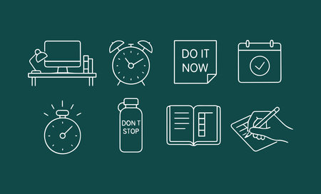 A set of minimal line art icons for productivity, time management, and organization. Featuring a...