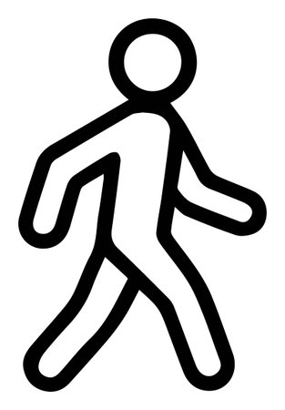 A minimalist black and white walking figure illustration. Represents movement, pedestrian, directions, activity, and accessibility. Suitable for wayfinding and informational signs.のイラスト素材