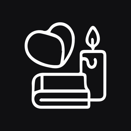 Minimalist vector art showing a candle next to books and a heart, rendered in white on a black background.のイラスト素材