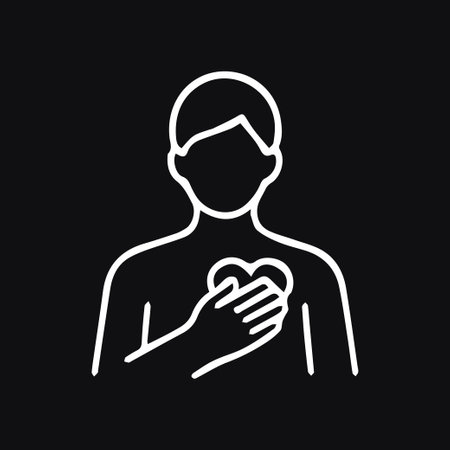 Conceptual white line art depicting a person holding a heart to represent love, compassion, and empathy on a black background.のイラスト素材
