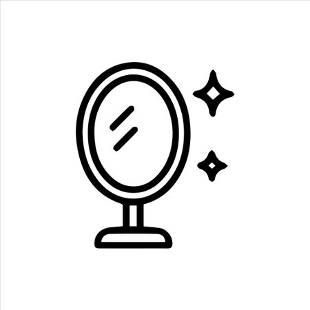 Minimalist black outline icon featuring a tabletop mirror with reflection and sparkle effects ideal for beauty personal care and elegant design elements perfect for apps websites or graphic use.のイラスト素材