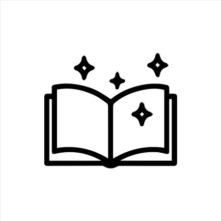 A simple line art icon depicting an open book with four sparkling stars, symbolizing magic, knowledge, imagination, learning, and wonder. Perfect for educational, fantasy, or creative concepts.のイラスト素材