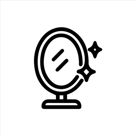 A crisp black outline icon of a desktop or vanity mirror with sparkle elements indicating cleanliness or newness, perfect for themes of beauty self-care or home decor on a clean white background.のイラスト素材