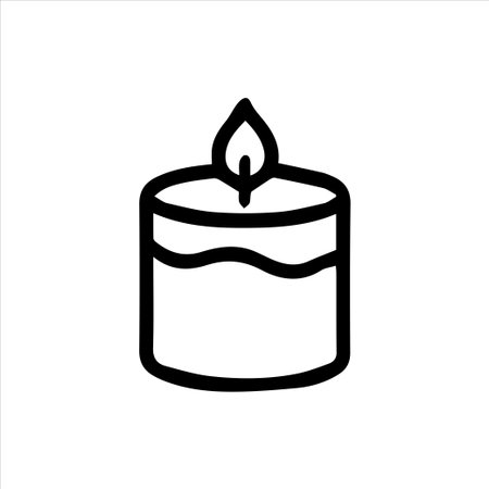 A clean minimalist black outline icon of a burning candle with a simple flame. A versatile design perfect for conveying peace warmth and cozy ambiance in various digital projects.のイラスト素材
