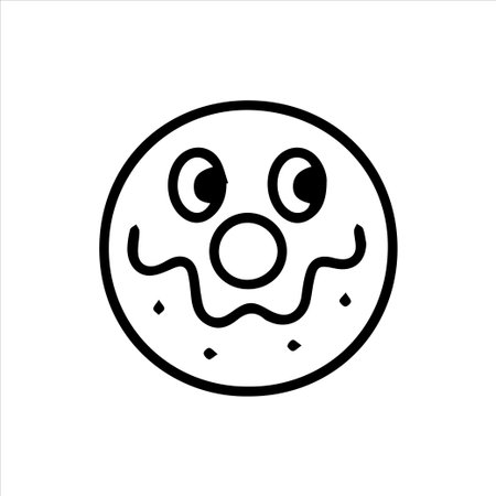 A simple black and white outline icon featuring a cheerful donut with a face. Ideal for dessert related themes, food apps, or children's designs due to its playful and friendly appearance.のイラスト素材