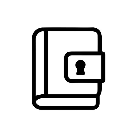 A minimalist black line art icon featuring a closed book or diary with a keyhole lock on the cover, symbolizing privacy, data security, confidential information, and personal journaling.のイラスト素材
