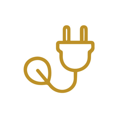Simple golden line art of an electric plug intertwined with a leaf, illustrating the concept of...