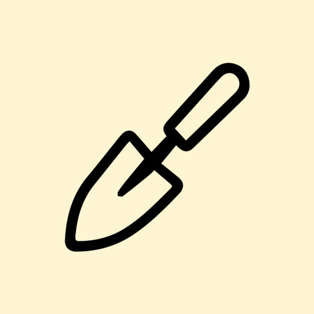 A simple black outline icon of a garden trowel on a light cream background ideal for gardening projects planting seedlings and cultivating soilのイラスト素材