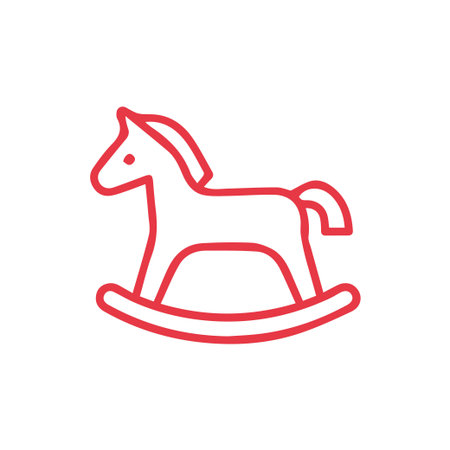 A charming red outline vector icon of a rocking horse symbolizing childhood innocence and play perfect for nursery designs toy stores and baby related contentのイラスト素材