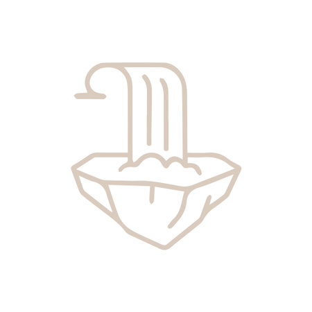 Clean line art illustration of a waterfall cascading onto a stylized island or rock formation perfect for modern nature themes and serene designs.のイラスト素材