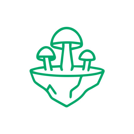 A minimalistic green line art illustration depicting three mushrooms growing on a detached piece of...