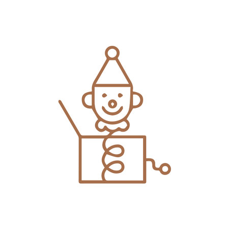 A minimalist line art icon of a classic jack in the box toy featuring a smiling clown on a spring popping from an open box perfect for vintage playful designs.のイラスト素材